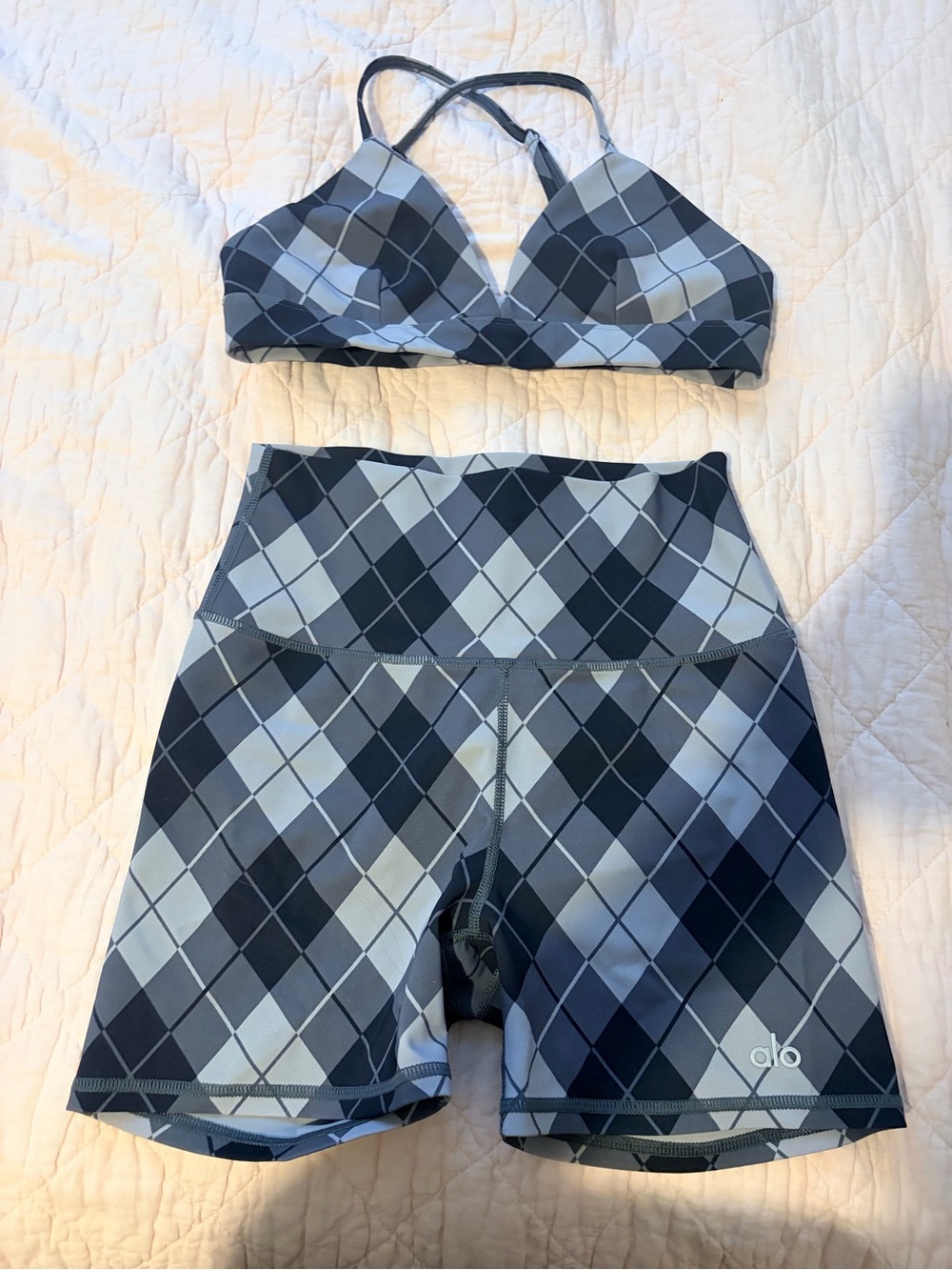 ALO Yoga RARE Gray Argyle Bralette & High-Waist Bike Shorts Set